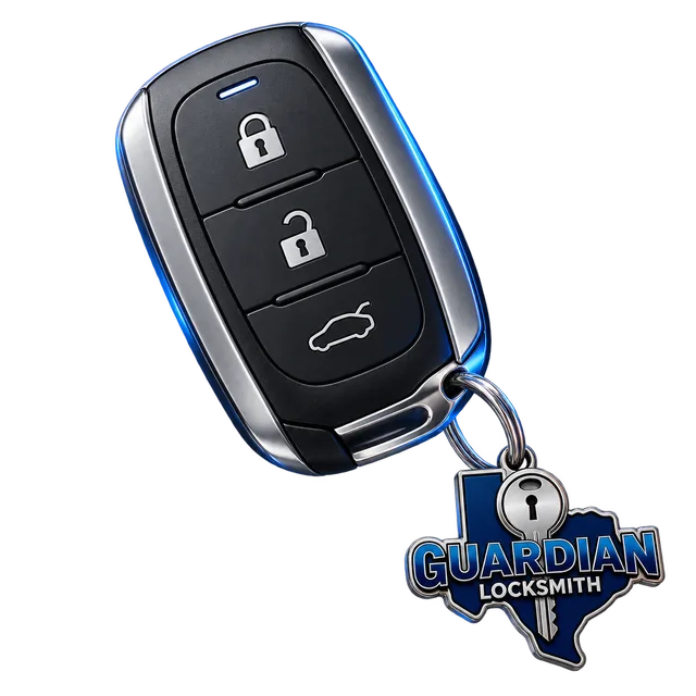 Illustrated car key fob with a Guardian Locksmith keyring