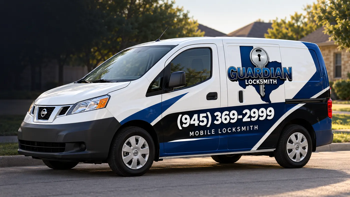 Promotional illustration of a Nissan NV200 with Guardian Locksmith branding and phone number